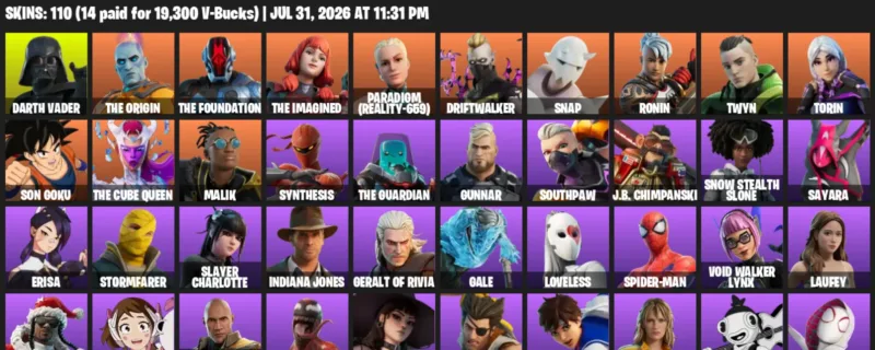 Fortnite account inventory for LVL 1215 - Darth Vader - The Origin - 110 Outfits