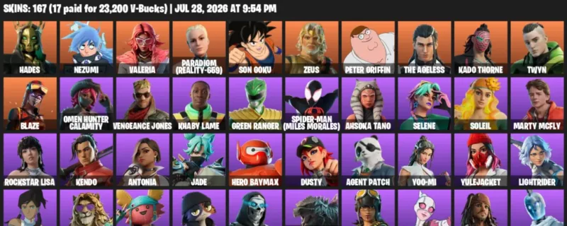 Fortnite Accounts listing: LVL 3115 - Hades - Nezumi - 167 Outfits - 167 outfits