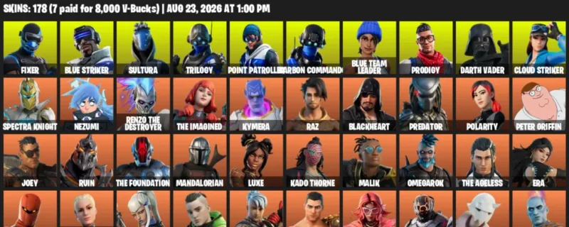Fortnite account inventory for LVL 3305 - Fixer - Blue Striker - 178 Outfits
