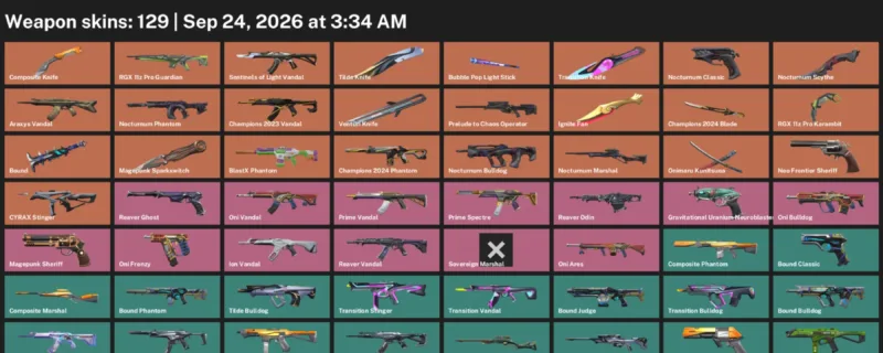 Valorant account inventory for LVL 191 · Champions 2024 Blade & Composite Knife