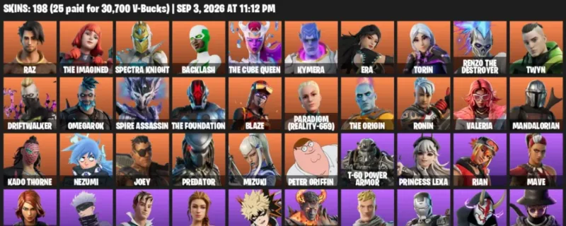 Fortnite account inventory for LVL 2390 - Raz - The Imagined - 198 Outfits
