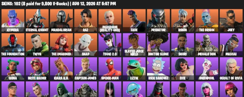 Fortnite account inventory for LVL 1729 - Kymera - Eternal Knight - 102 Outfits