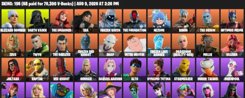 Fortnite account inventory for LVL 2502 - Blizzard Bomber - Darth Vader - 195 Outfits