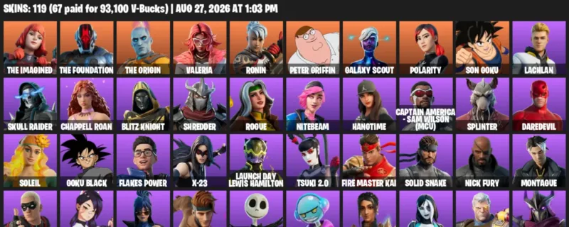 Fortnite account inventory for LVL 1138 - The Imagined - The Foundation - 119 Outfits