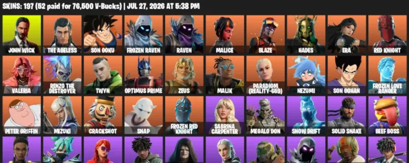 Fortnite Accounts listing: LVL 2138 - John Wick - The Ageless - 197 Outfits - 197 outfits