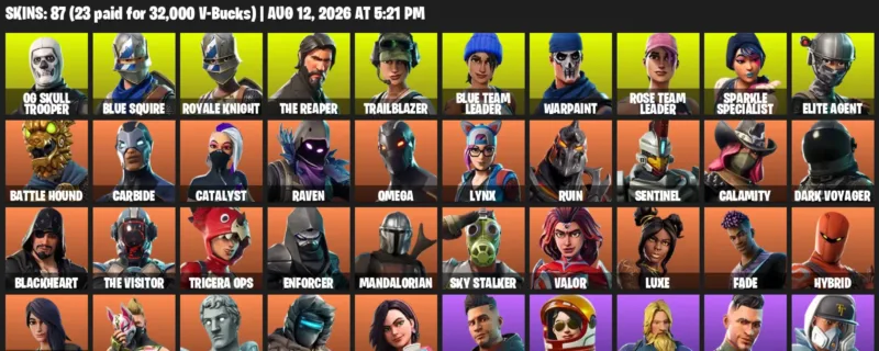 Fortnite account inventory for LVL 754 - OG Skull Trooper - Blue Squire - 87 Outfits