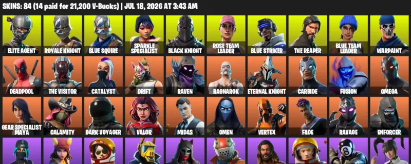 Fortnite Accounts listing: LVL 1787 - Elite Agent - Royale Knight - 84 Outfits - 84 outfits