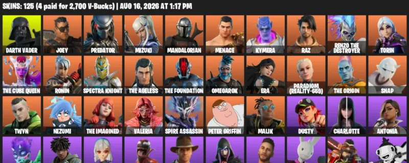 Fortnite account inventory for LVL 1649 - Darth Vader - Joey - 125 Outfits