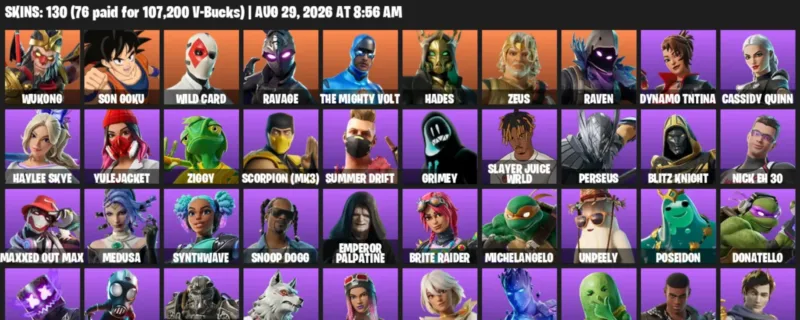 Fortnite account inventory for LVL 845 - Wukong - Son Goku - 130 Outfits
