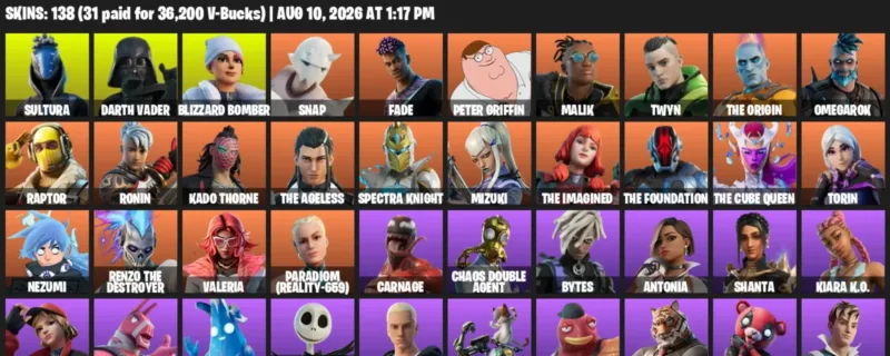 Fortnite account inventory for LVL 2459 - Sultura - Darth Vader - 138 Outfits