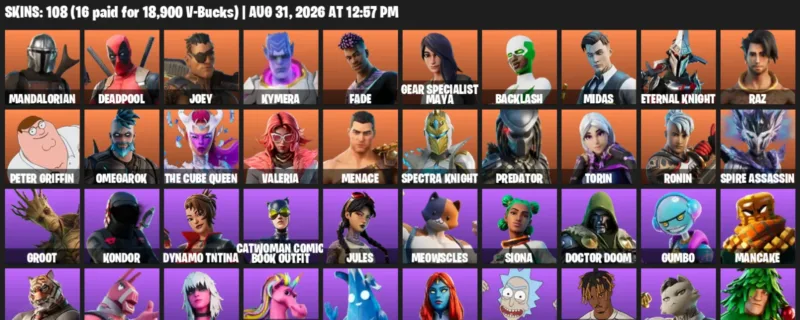 Fortnite account inventory for LVL 1585 - Mandalorian - Deadpool - 108 Outfits