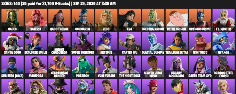 Fortnite account inventory for Hades - Valeria - 120 Outfits