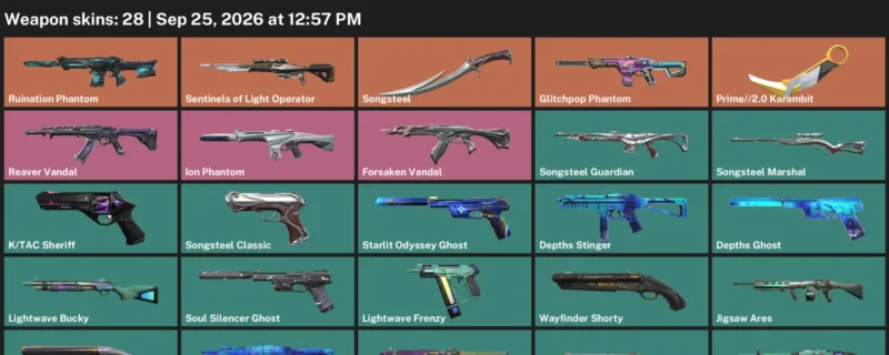 Valorant account inventory for LVL 73 · 2.0 Karambit & Glitchpop Phantom