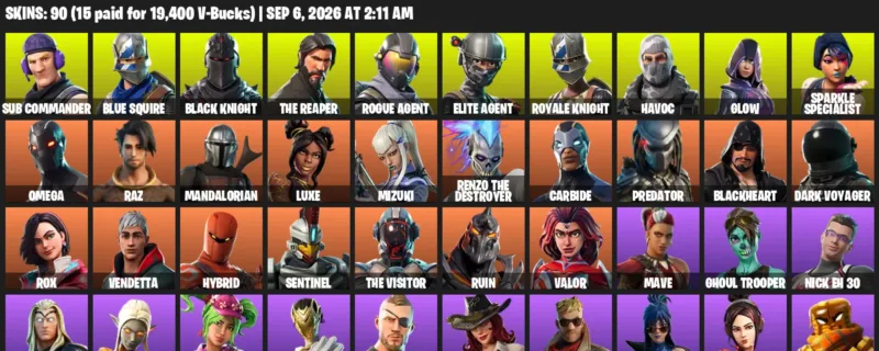Fortnite account inventory for LVL 1620 - Sub Commander - Blue Squire - 90 Outfits