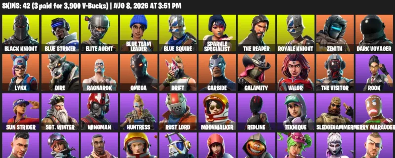 Fortnite account inventory for LVL 568 - Black Knight - Blue Striker - 42 Outfits