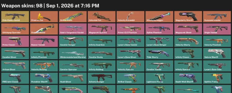Valorant account inventory for LVL 387 · Celestial Fan & Glitchpop Dagger & Velocity Karambit