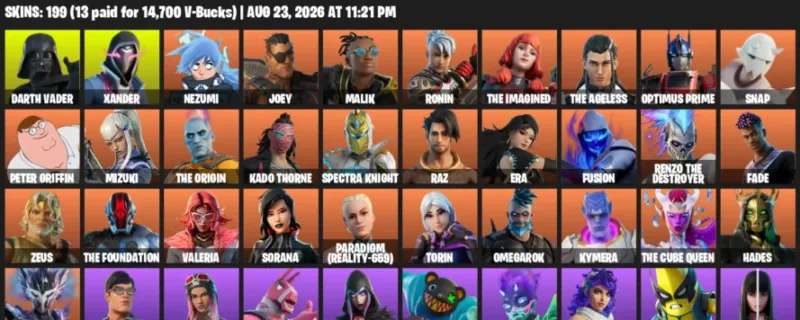 Fortnite account inventory for LVL 3051 - Darth Vader - Xander - 199 Outfits