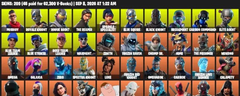 Fortnite account inventory for LVL 2003 - Prodigy - Royale Knight - 209 Outfits