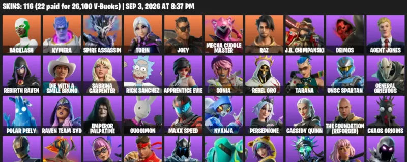 Fortnite account inventory for LVL 960 - Backlash - Kymera - 116 Outfits