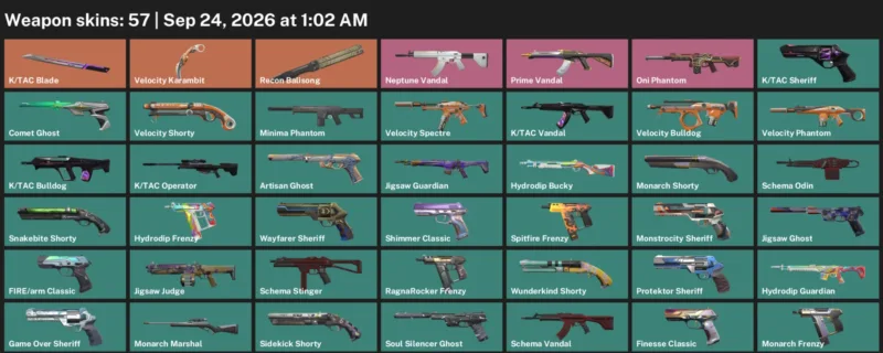 Valorant account inventory for LVL 309 · Tac Blade & Velocity Karambit & Death Wish Sheriff