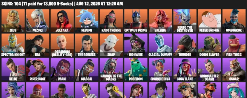Fortnite account inventory for LVL 1416 - Zeus - Mizuki - 104 Outfits