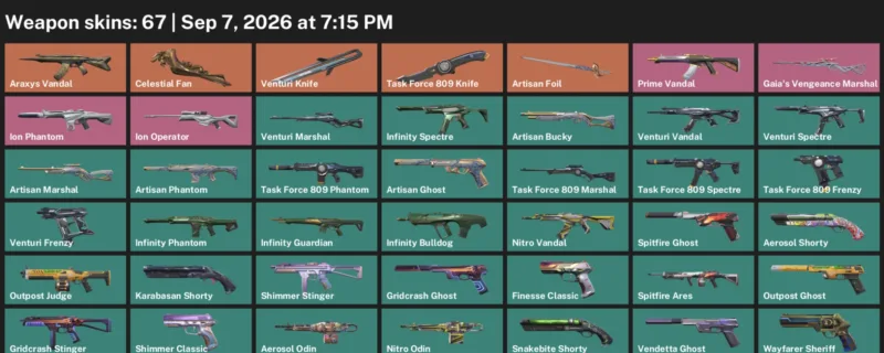 Valorant account inventory for LVL 166 · Celestial Fan & Task Force 809 Knife & Venturi Knife