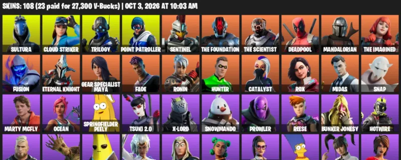 Fortnite account inventory for Sultura - Cloud Striker - 108 Outfits