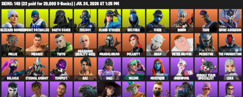Fortnite Accounts listing: LVL 1629 - Blizzard Bomber - Point Patroller - 149 Outfits - 149 outfits