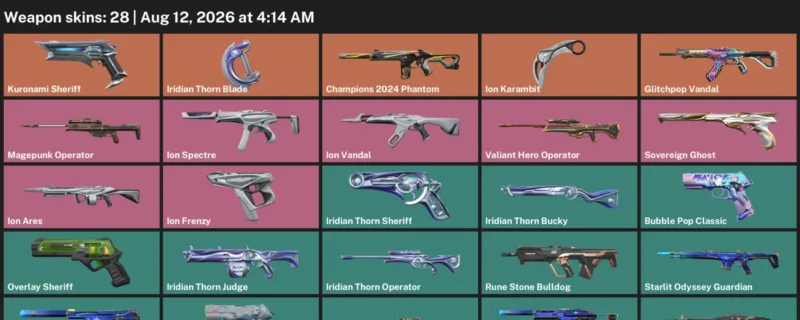 Valorant account inventory for LVL 113 · Champions 2024 Phantom & Ion Karambit & Iridian Thorn Blade