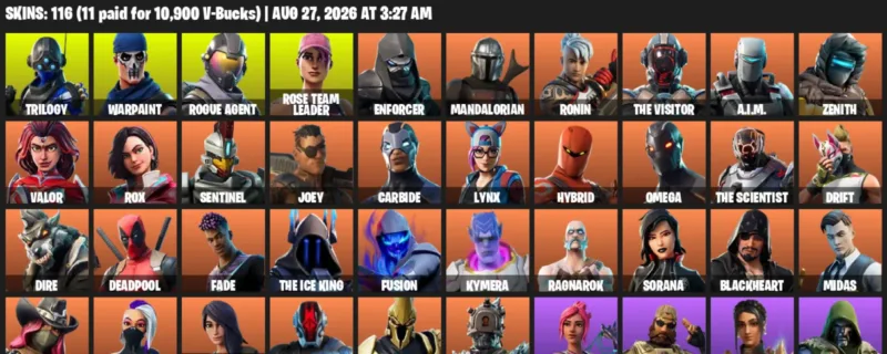 Fortnite account inventory for LVL 1634 - Trilogy - Warpaint - 116 Outfits