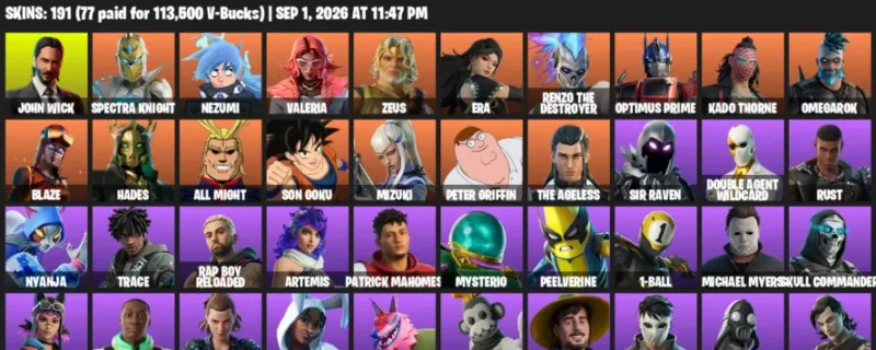 Fortnite account inventory for LVL 2226 - John Wick - Spectra Knight - 191 Outfits