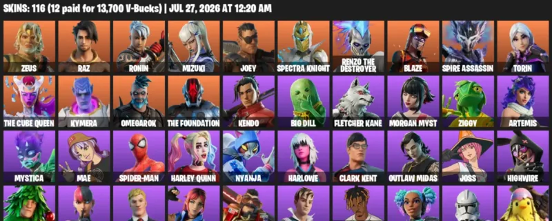 Fortnite Accounts listing: LVL 2286 - Zeus - Raz - 116 Outfits - 116 outfits