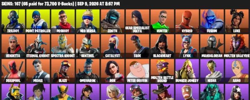 Fortnite account inventory for LVL 1934 - Trilogy - Point Patroller - 167 Outfits