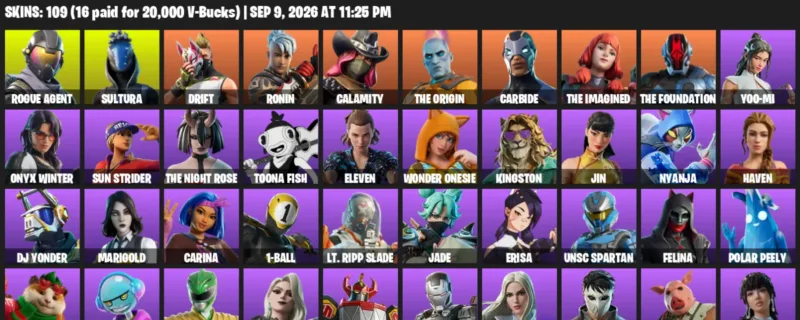 Fortnite account inventory for LVL 1882 - Rogue Agent - Sultura - 109 Outfits