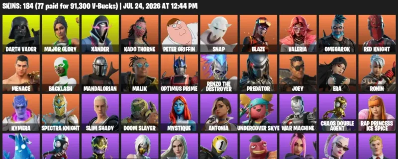 Fortnite Accounts listing: LVL 2110 - Darth Vader - Major Glory - 184 Outfits - 184 outfits