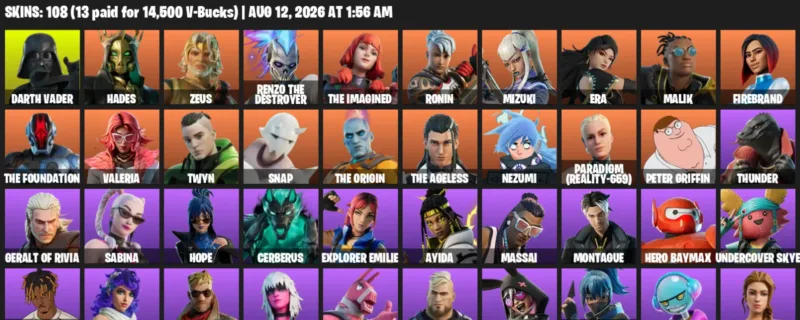 Fortnite account inventory for LVL 1749 - Darth Vader - Hades - 108 Outfits