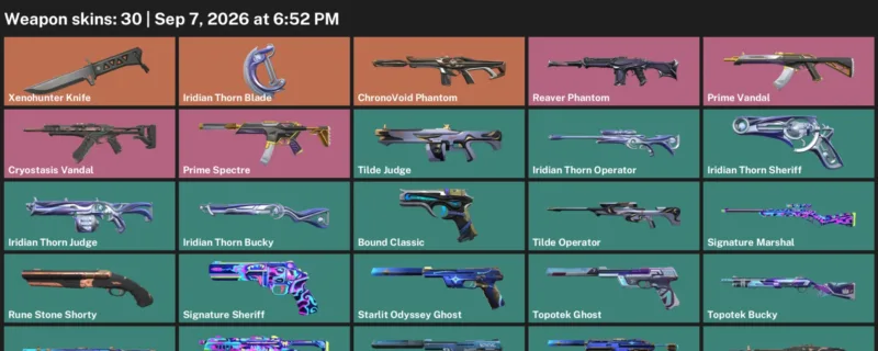 Valorant account inventory for LVL 80 · Iridian Thorn Blade & Xenohunter Knife & ChronoVoid Phantom