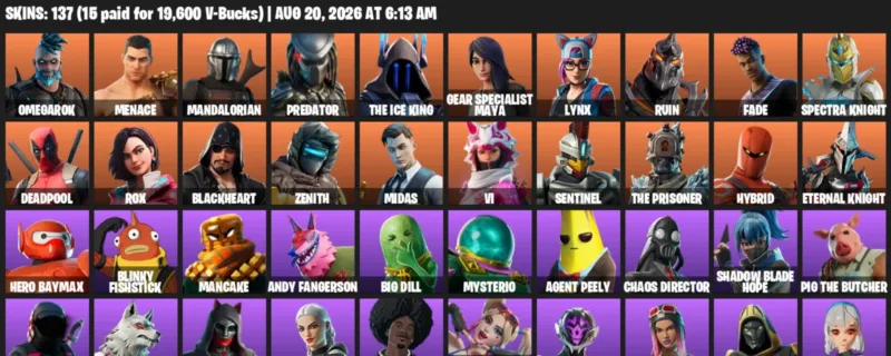 Fortnite account inventory for LVL 2817 - Omegarok - Menace - 137 Outfits