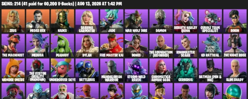 Fortnite account inventory for LVL 1510 - Zeus - Midas Rex - 214 Outfits