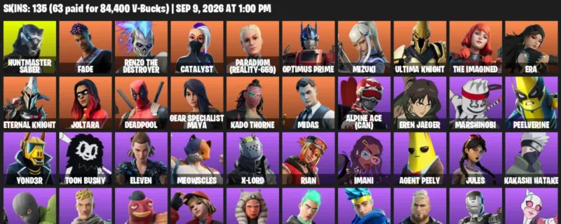 Fortnite account inventory for LVL 1880 - Huntmaster Saber - Fade - 135 Outfits