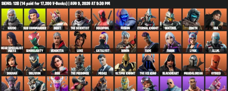 Fortnite account inventory for LVL 1554 - Havoc - Sub Commander - 128 Outfits