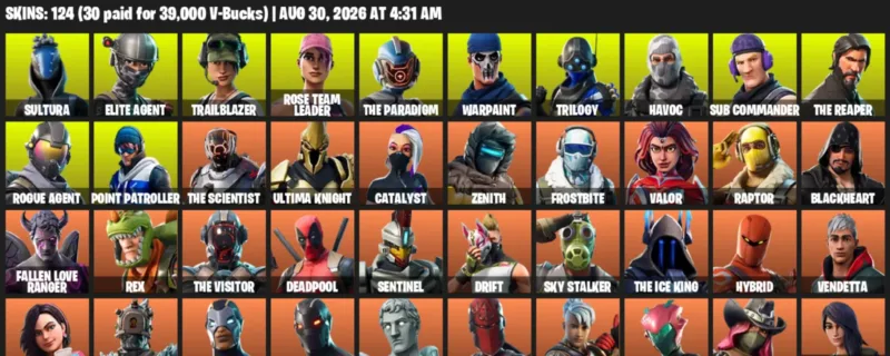 Fortnite account inventory for LVL 950 - Sultura - Elite Agent - 124 Outfits