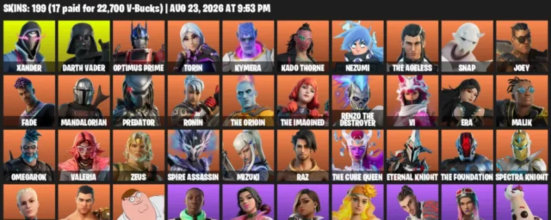 Fortnite account inventory for LVL 3011 - Xander - Darth Vader - 199 Outfits