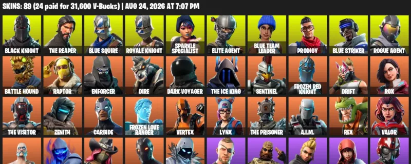 Fortnite account inventory for LVL 796 - Black Knight - The Reaper - 89 Outfits