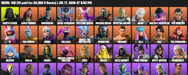 Fortnite Accounts listing: LVL 3155 - Darth Vader - Kado Thorne - 168 Outfits - 168 outfits