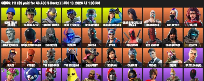 Fortnite account inventory for LVL 1217 - Blue Team Leader - Trailblazer - 111 Outfits