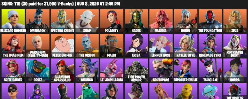 Fortnite account inventory for LVL 1594 - Blizzard Bomber - Omegarok - 119 Outfits