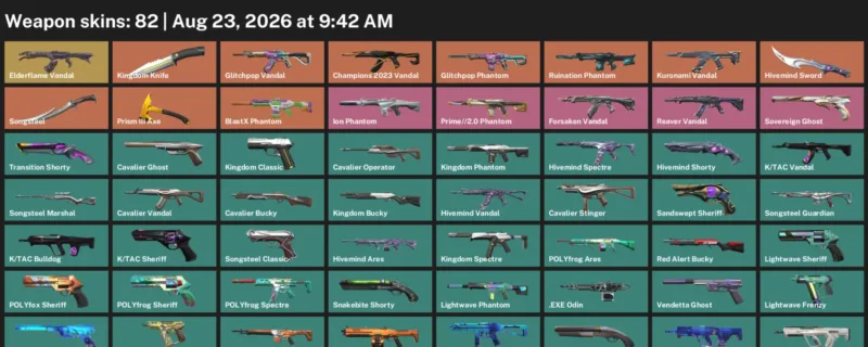 Valorant account inventory for LVL 177 · Kingdom Knife & Exe Vandal