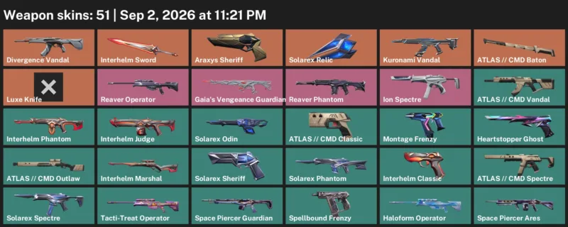 Valorant account inventory for LVL 206 · Araxys Sheriff & Luxe Knife