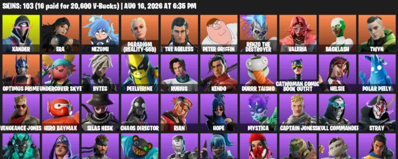 Fortnite account inventory for LVL 2304 - Xander - Era - 103 Outfits